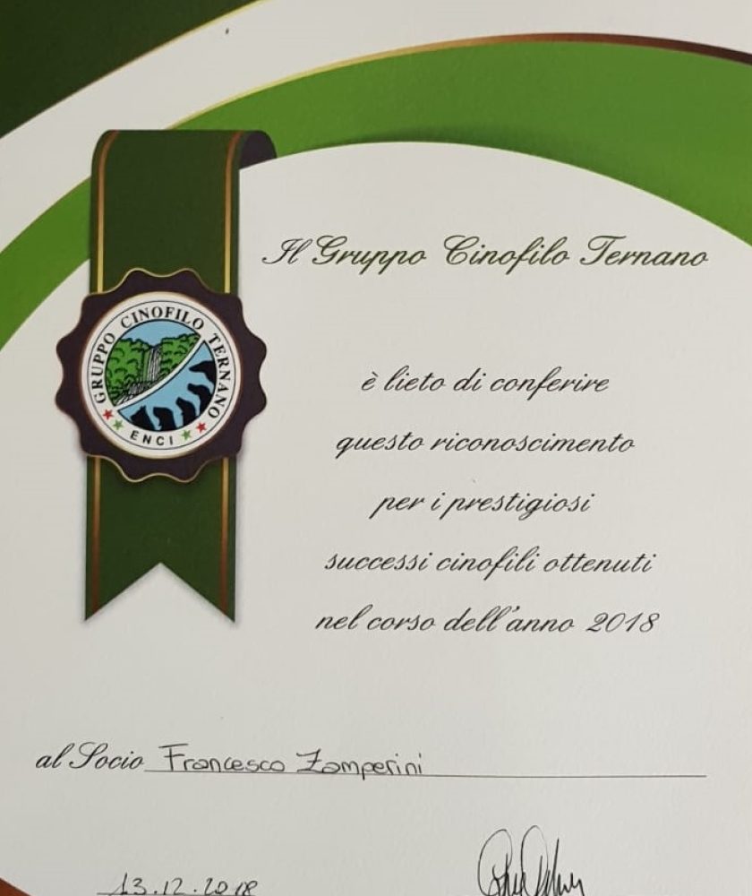 Riconoscimento a Francesco Zamperini - Gruppo Cinofilo Ternano